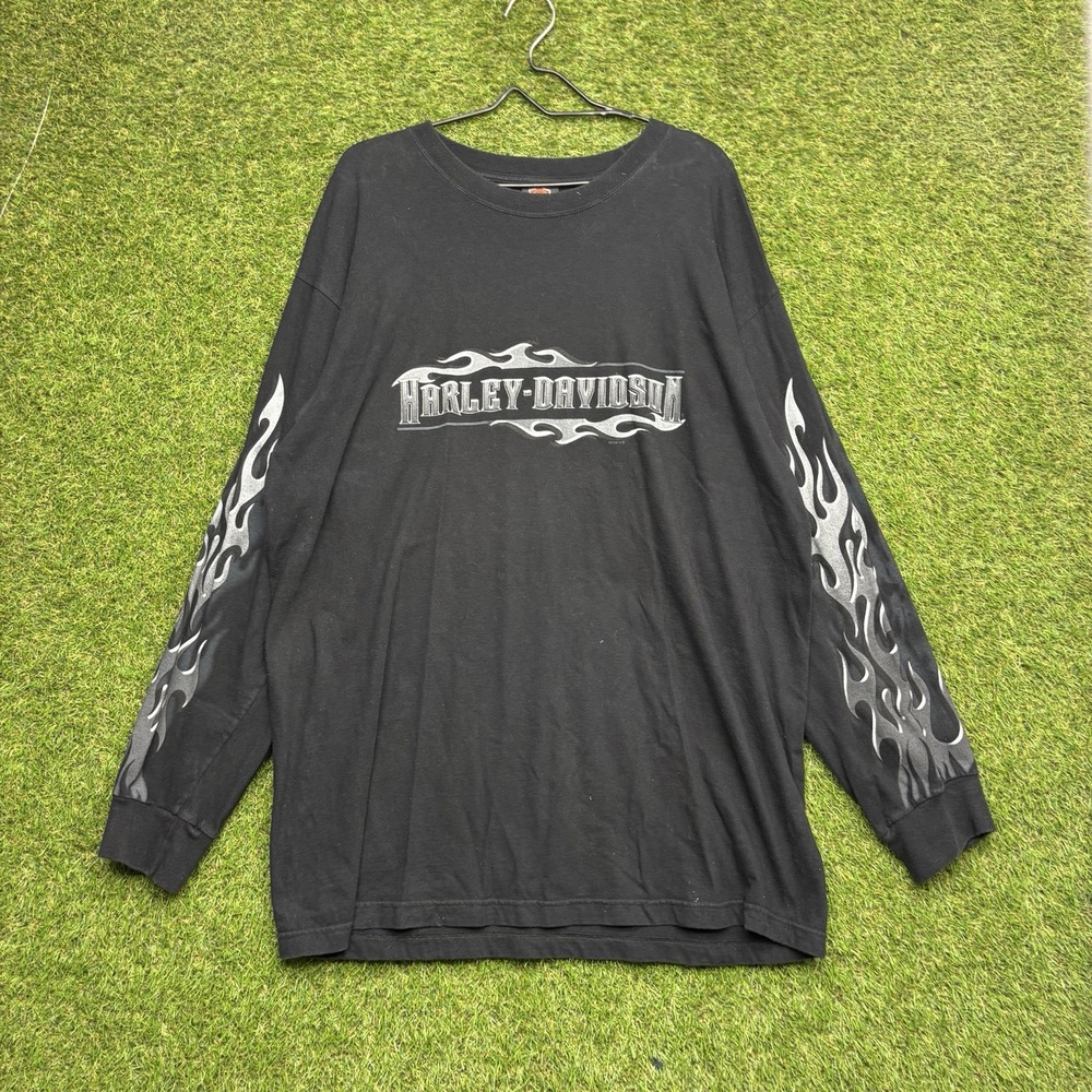 Vintage Harley Davidson Long Sleeve Shirt Mens 2XL Black Silver Flames Biker Y2K
